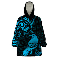 New Zealand Tui Bird Wearable Blanket Hoodie Aotearoa Maori Pattern - Blue LT14 One Size Blue - Polynesian Pride