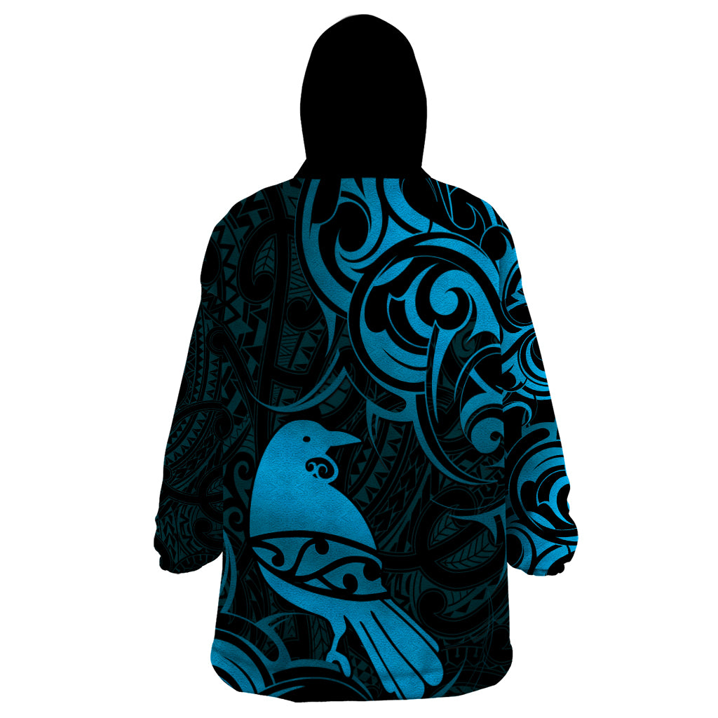 New Zealand Tui Bird Wearable Blanket Hoodie Aotearoa Maori Pattern - Blue LT14 - Polynesian Pride