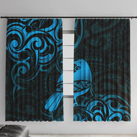New Zealand Tui Bird Window Curtain Aotearoa Maori Pattern - Blue LT14 With Hooks Blue - Polynesian Pride