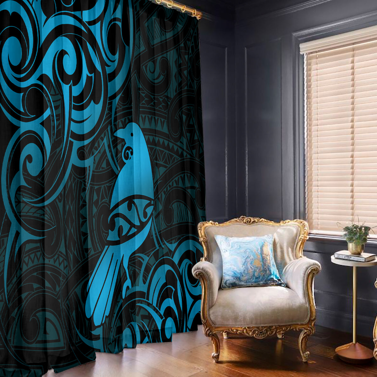 New Zealand Tui Bird Window Curtain Aotearoa Maori Pattern - Blue LT14 - Polynesian Pride