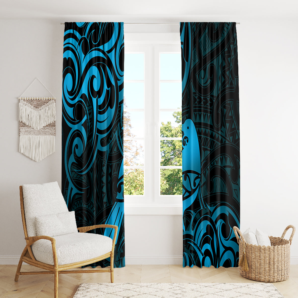 New Zealand Tui Bird Window Curtain Aotearoa Maori Pattern - Blue LT14 - Polynesian Pride