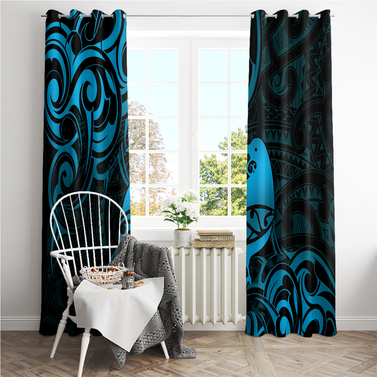 New Zealand Tui Bird Window Curtain Aotearoa Maori Pattern - Blue LT14 - Polynesian Pride