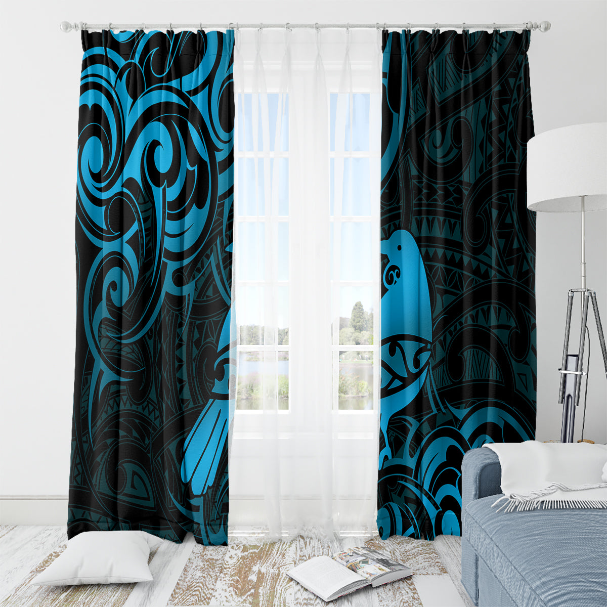 New Zealand Tui Bird Window Curtain Aotearoa Maori Pattern - Blue LT14 - Polynesian Pride