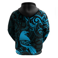 New Zealand Tui Bird Zip Hoodie Aotearoa Maori Pattern - Blue