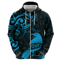 New Zealand Tui Bird Zip Hoodie Aotearoa Maori Pattern - Blue