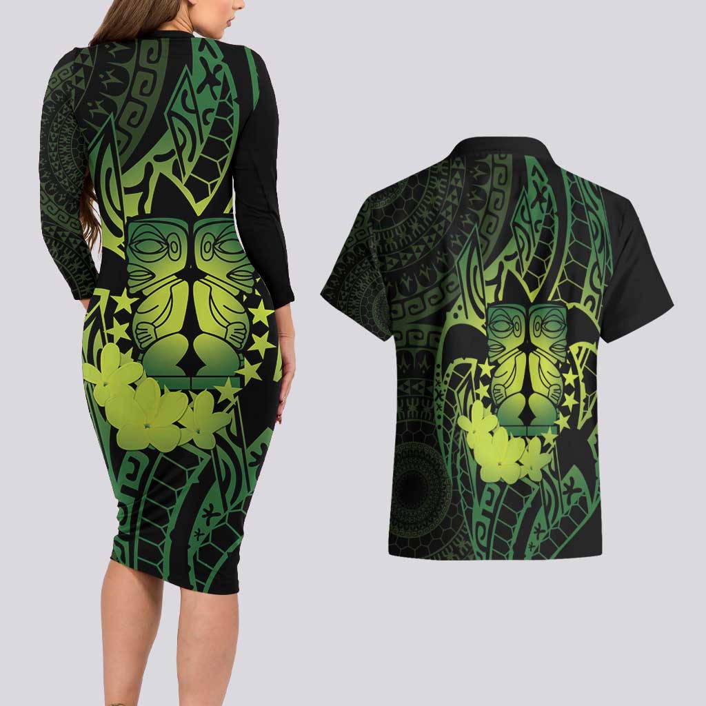 Kia Orana Kuki Airani Couples Matching Long Sleeve Bodycon Dress and Hawaiian Shirt Cook Islands Tangaroa God Tatau Green