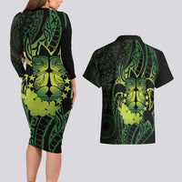 Kia Orana Kuki Airani Couples Matching Long Sleeve Bodycon Dress and Hawaiian Shirt Cook Islands Tangaroa God Tatau Green
