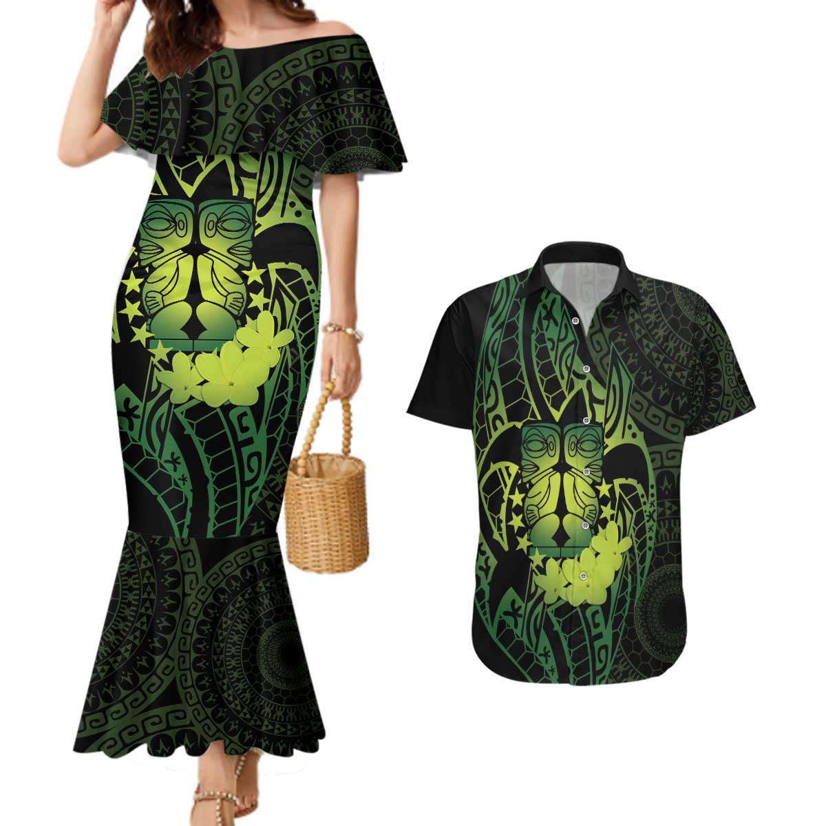 Kia Orana Kuki Airani Couples Matching Mermaid Dress and Hawaiian Shirt Cook Islands Tangaroa God Tatau Green
