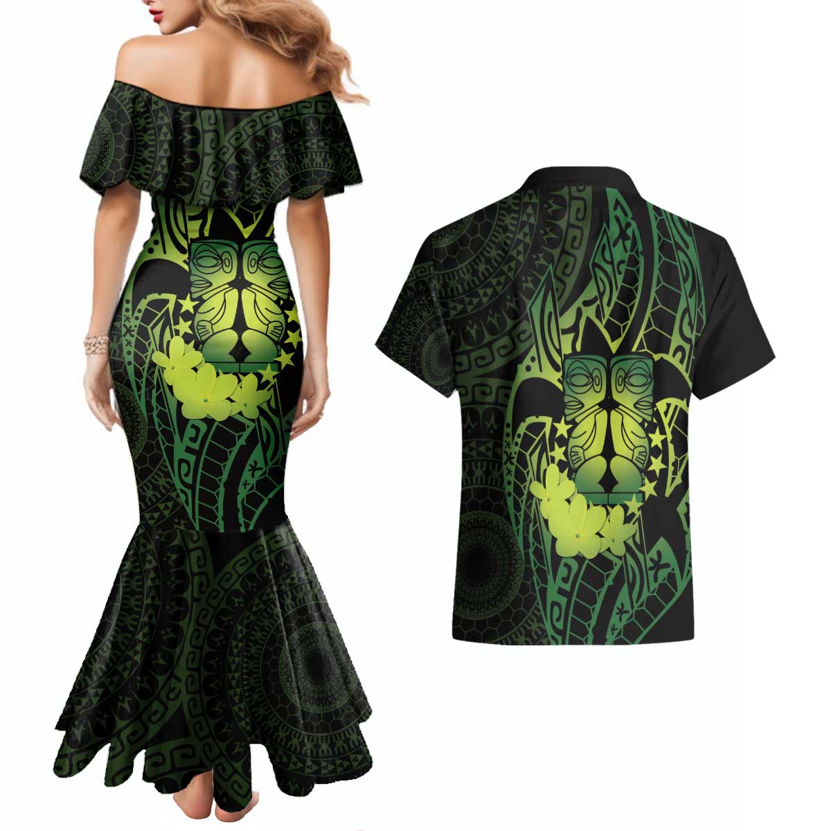 Kia Orana Kuki Airani Couples Matching Mermaid Dress and Hawaiian Shirt Cook Islands Tangaroa God Tatau Green