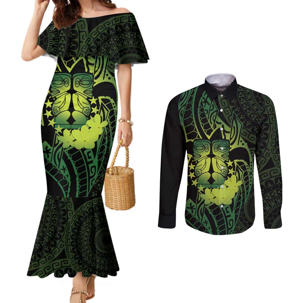 Kia Orana Kuki Airani Couples Matching Mermaid Dress and Long Sleeve Button Shirt Cook Islands Tangaroa God Tatau Green