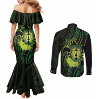 Kia Orana Kuki Airani Couples Matching Mermaid Dress and Long Sleeve Button Shirt Cook Islands Tangaroa God Tatau Green