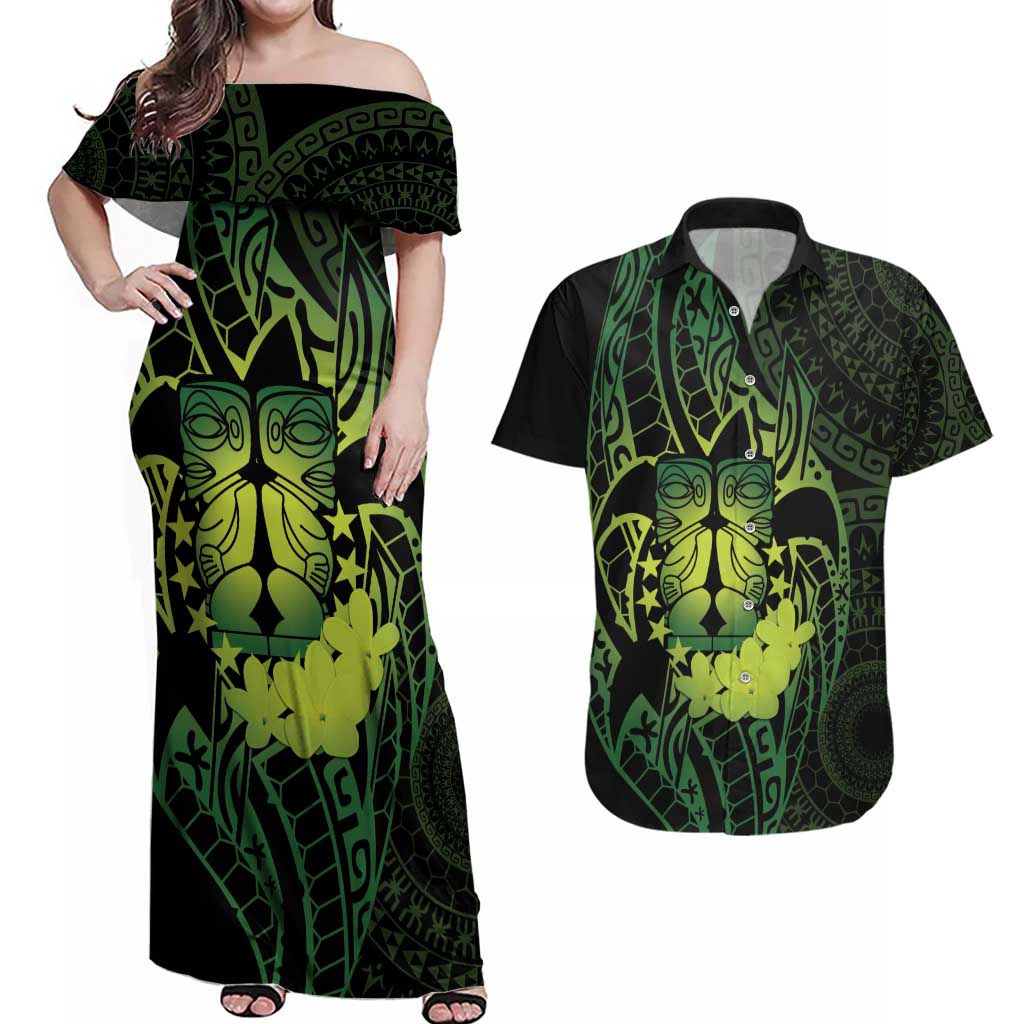 Kia Orana Kuki Airani Couples Matching Off Shoulder Maxi Dress and Hawaiian Shirt Cook Islands Tangaroa God Tatau Green LT14 Green - Polynesian Pride