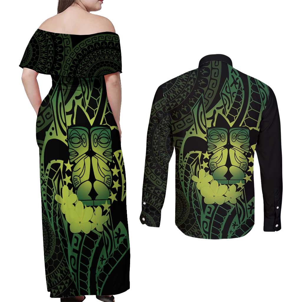 Kia Orana Kuki Airani Couples Matching Off Shoulder Maxi Dress and Long Sleeve Button Shirt Cook Islands Tangaroa God Tatau Green