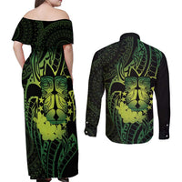 Kia Orana Kuki Airani Couples Matching Off Shoulder Maxi Dress and Long Sleeve Button Shirt Cook Islands Tangaroa God Tatau Green