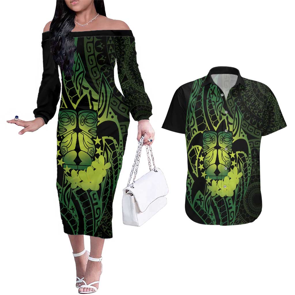 Kia Orana Kuki Airani Couples Matching Off The Shoulder Long Sleeve Dress and Hawaiian Shirt Cook Islands Tangaroa God Tatau Green