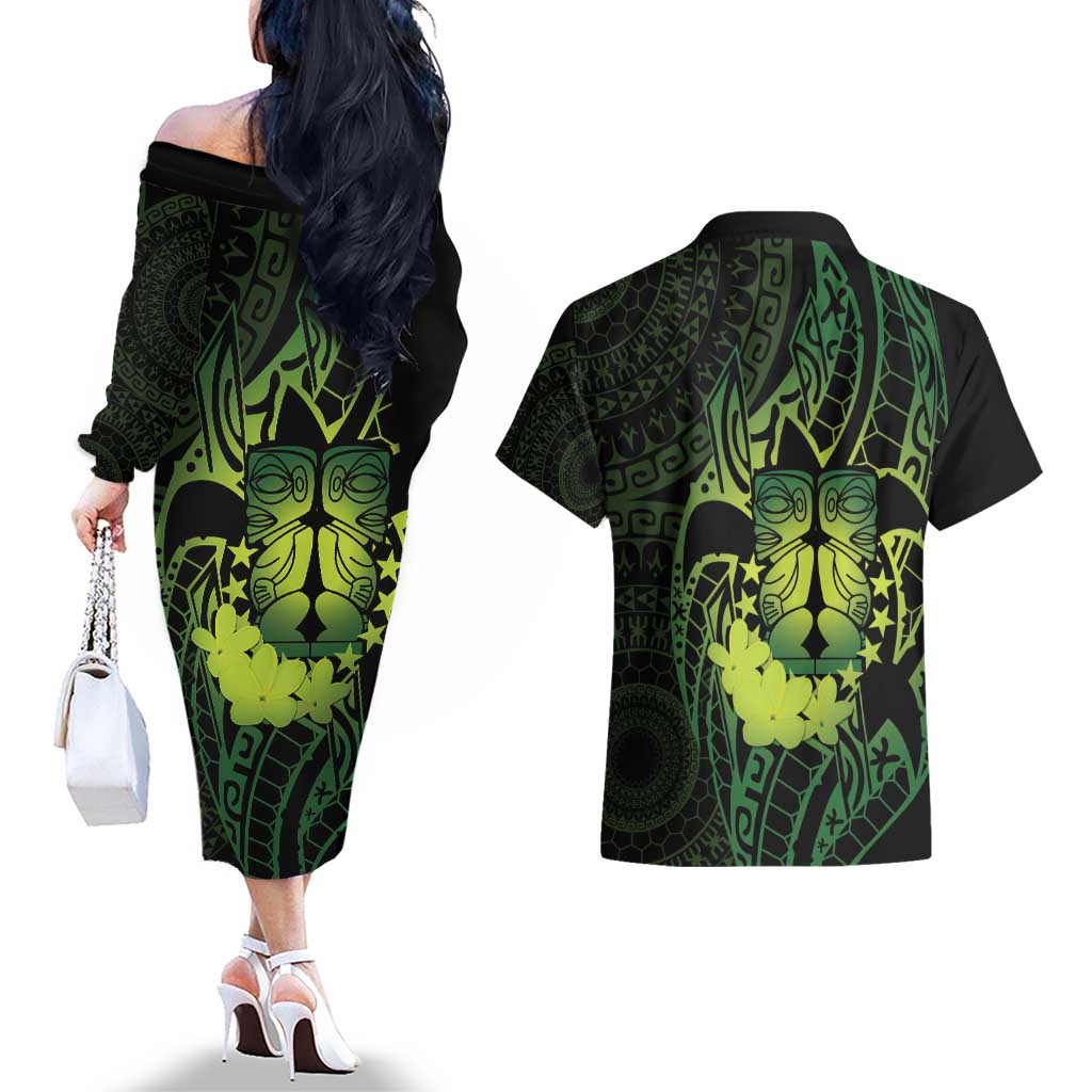 Kia Orana Kuki Airani Couples Matching Off The Shoulder Long Sleeve Dress and Hawaiian Shirt Cook Islands Tangaroa God Tatau Green