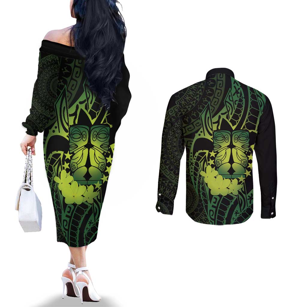 Kia Orana Kuki Airani Couples Matching Off The Shoulder Long Sleeve Dress and Long Sleeve Button Shirt Cook Islands Tangaroa God Tatau Green