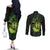 Kia Orana Kuki Airani Couples Matching Off The Shoulder Long Sleeve Dress and Long Sleeve Button Shirt Cook Islands Tangaroa God Tatau Green