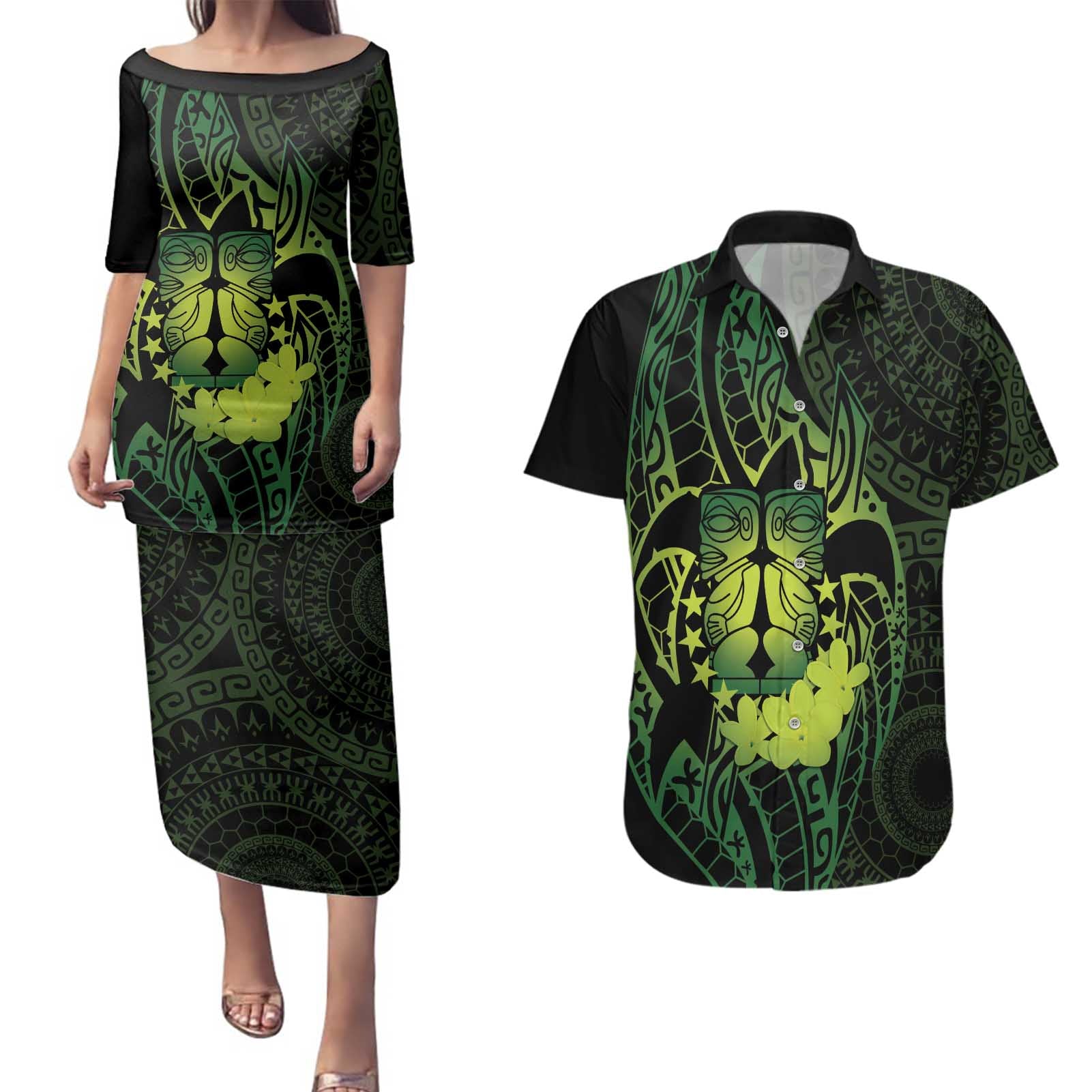 Kia Orana Kuki Airani Couples Matching Puletasi and Hawaiian Shirt Cook Islands Tangaroa God Tatau Green