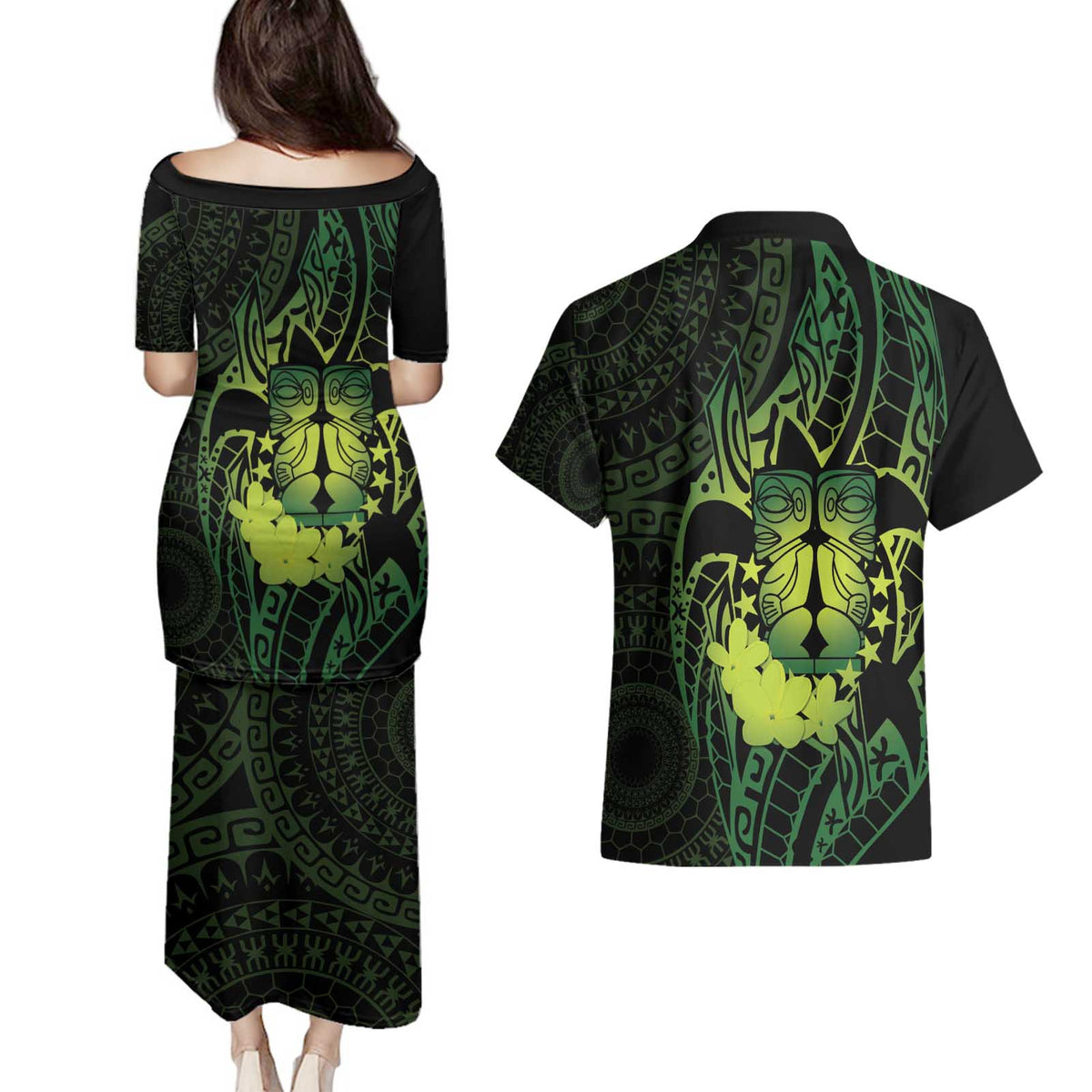 Kia Orana Kuki Airani Couples Matching Puletasi and Hawaiian Shirt Cook Islands Tangaroa God Tatau Green