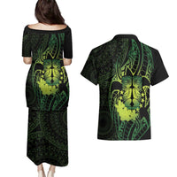 Kia Orana Kuki Airani Couples Matching Puletasi and Hawaiian Shirt Cook Islands Tangaroa God Tatau Green