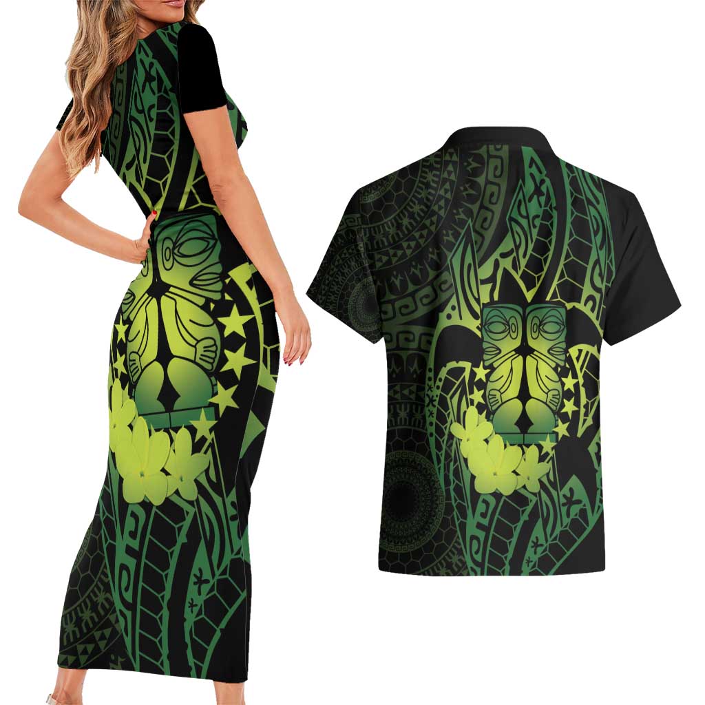 Kia Orana Kuki Airani Couples Matching Short Sleeve Bodycon Dress and Hawaiian Shirt Cook Islands Tangaroa God Tatau Green