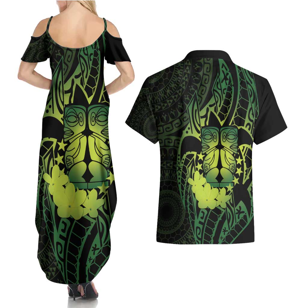 Kia Orana Kuki Airani Couples Matching Summer Maxi Dress and Hawaiian Shirt Cook Islands Tangaroa God Tatau Green