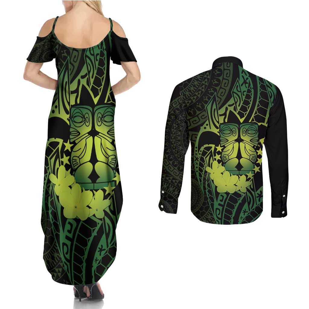 Kia Orana Kuki Airani Couples Matching Summer Maxi Dress and Long Sleeve Button Shirt Cook Islands Tangaroa God Tatau Green