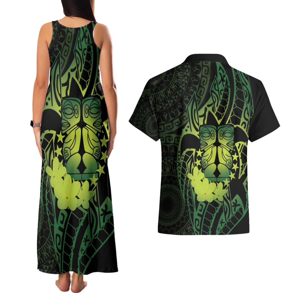 Kia Orana Kuki Airani Couples Matching Tank Maxi Dress and Hawaiian Shirt Cook Islands Tangaroa God Tatau Green