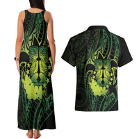 Kia Orana Kuki Airani Couples Matching Tank Maxi Dress and Hawaiian Shirt Cook Islands Tangaroa God Tatau Green