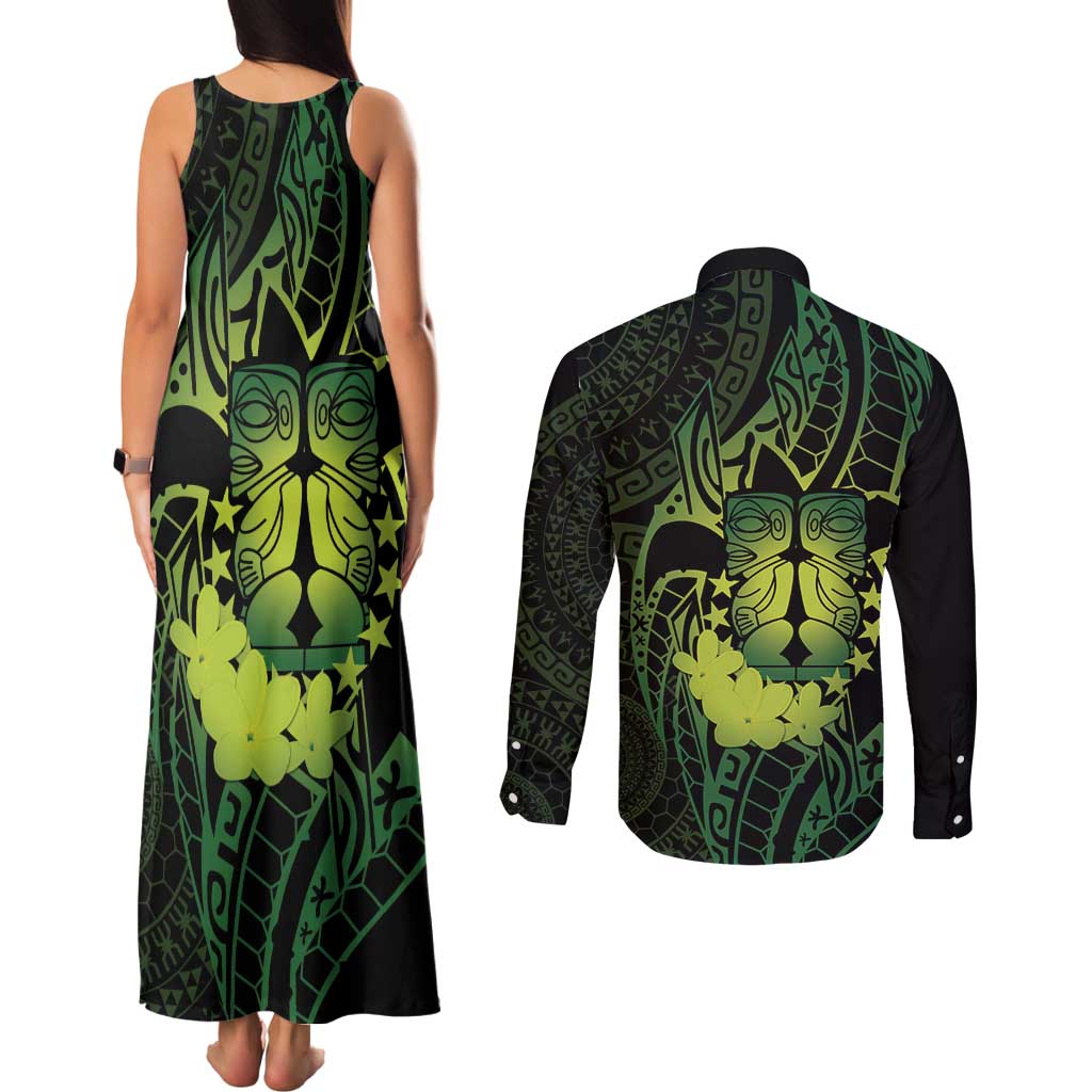Kia Orana Kuki Airani Couples Matching Tank Maxi Dress and Long Sleeve Button Shirt Cook Islands Tangaroa God Tatau Green