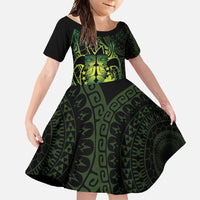 Kia Orana Kuki Airani Family Matching Long Sleeve Bodycon Dress and Hawaiian Shirt Cook Islands Tangaroa God Tatau Green