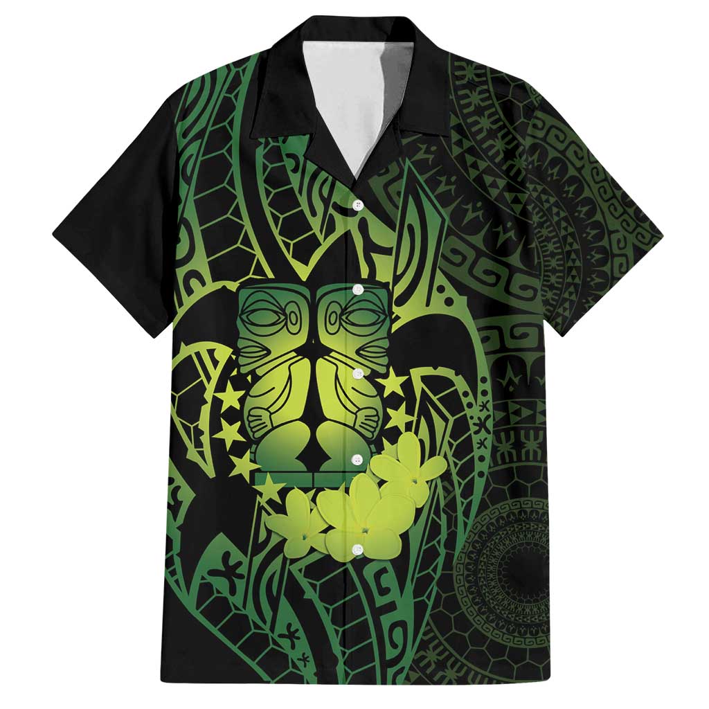 Kia Orana Kuki Airani Family Matching Long Sleeve Bodycon Dress and Hawaiian Shirt Cook Islands Tangaroa God Tatau Green