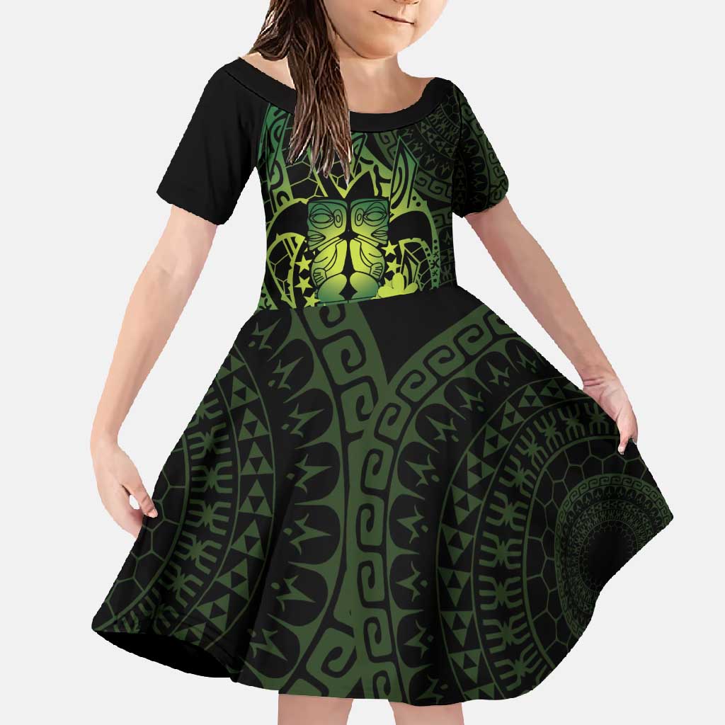 Kia Orana Kuki Airani Family Matching Mermaid Dress and Hawaiian Shirt Cook Islands Tangaroa God Tatau Green