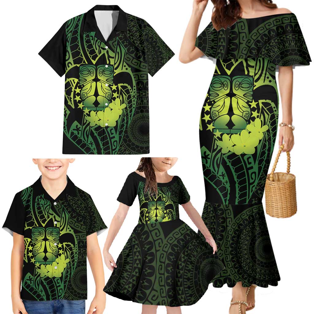 Kia Orana Kuki Airani Family Matching Mermaid Dress and Hawaiian Shirt Cook Islands Tangaroa God Tatau Green LT14 - Polynesian Pride