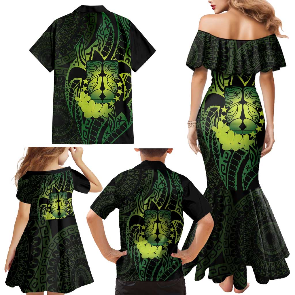 Kia Orana Kuki Airani Family Matching Mermaid Dress and Hawaiian Shirt Cook Islands Tangaroa God Tatau Green