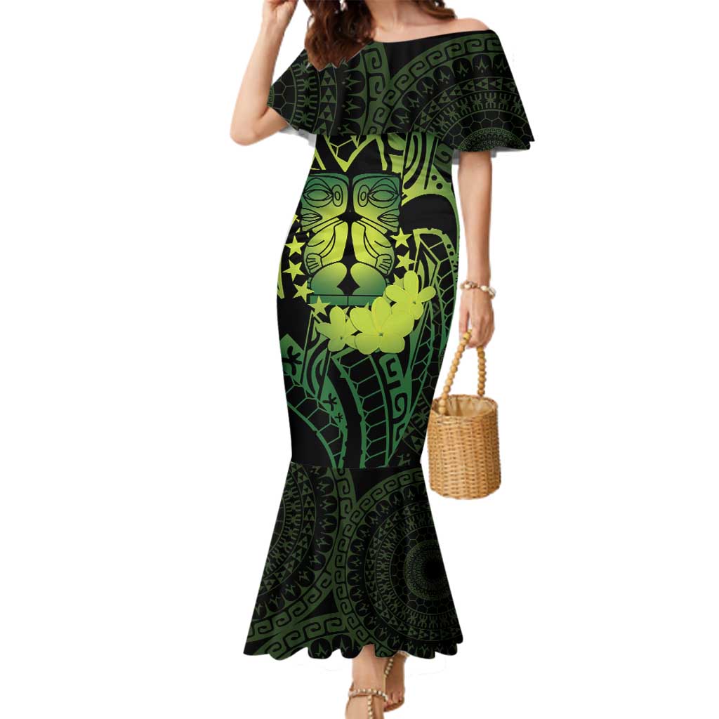 Kia Orana Kuki Airani Family Matching Mermaid Dress and Hawaiian Shirt Cook Islands Tangaroa God Tatau Green