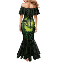 Kia Orana Kuki Airani Family Matching Mermaid Dress and Hawaiian Shirt Cook Islands Tangaroa God Tatau Green