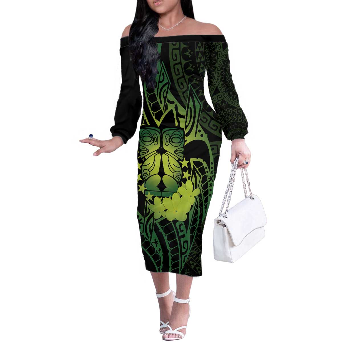 Kia Orana Kuki Airani Family Matching Off The Shoulder Long Sleeve Dress and Hawaiian Shirt Cook Islands Tangaroa God Tatau Green