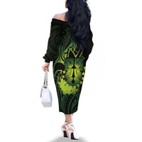 Kia Orana Kuki Airani Family Matching Off The Shoulder Long Sleeve Dress and Hawaiian Shirt Cook Islands Tangaroa God Tatau Green