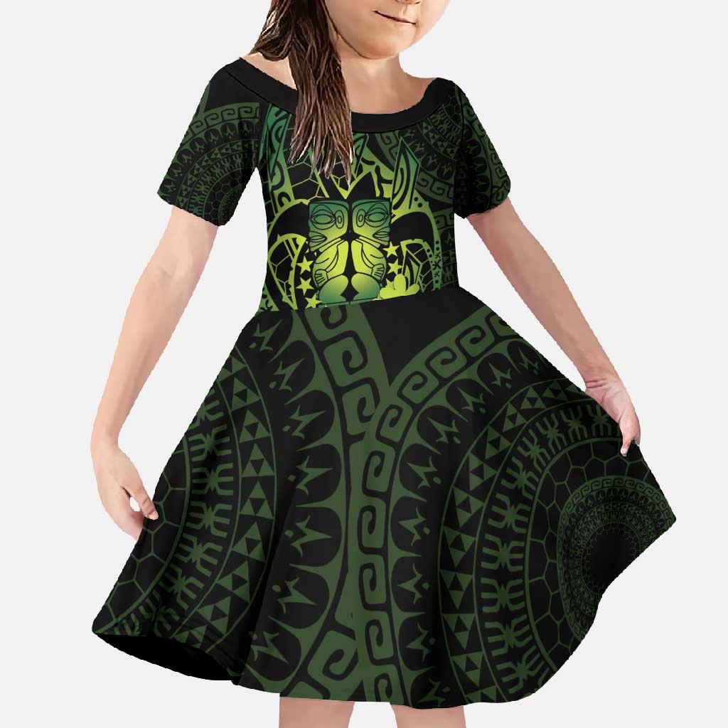 Kia Orana Kuki Airani Family Matching Off Shoulder Maxi Dress and Hawaiian Shirt Cook Islands Tangaroa God Tatau Green