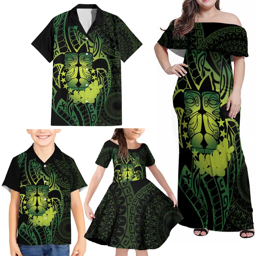 Kia Orana Kuki Airani Family Matching Off Shoulder Maxi Dress and Hawaiian Shirt Cook Islands Tangaroa God Tatau Green LT14 - Polynesian Pride