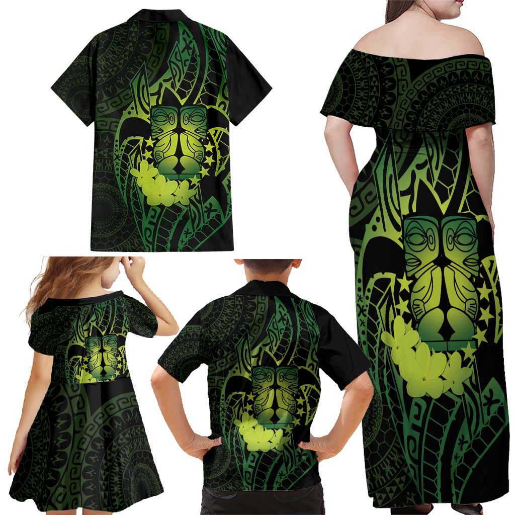 Kia Orana Kuki Airani Family Matching Off Shoulder Maxi Dress and Hawaiian Shirt Cook Islands Tangaroa God Tatau Green