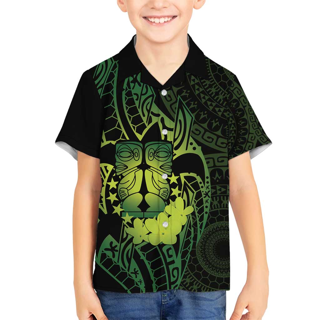 Kia Orana Kuki Airani Family Matching Off Shoulder Short Dress and Hawaiian Shirt Cook Islands Tangaroa God Tatau Green