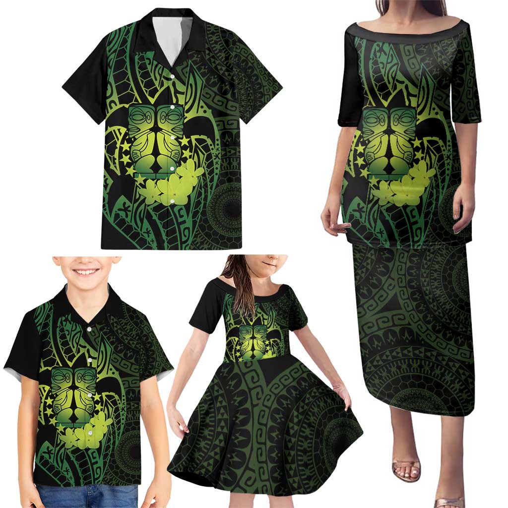 Kia Orana Kuki Airani Family Matching Puletasi and Hawaiian Shirt Cook Islands Tangaroa God Tatau Green LT14 - Polynesian Pride