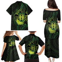 Kia Orana Kuki Airani Family Matching Puletasi and Hawaiian Shirt Cook Islands Tangaroa God Tatau Green
