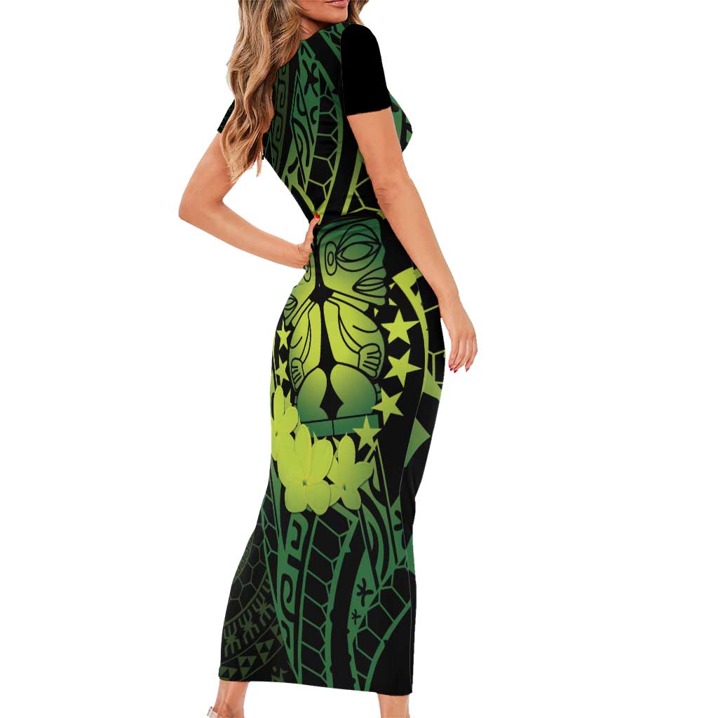 Kia Orana Kuki Airani Family Matching Short Sleeve Bodycon Dress and Hawaiian Shirt Cook Islands Tangaroa God Tatau Green