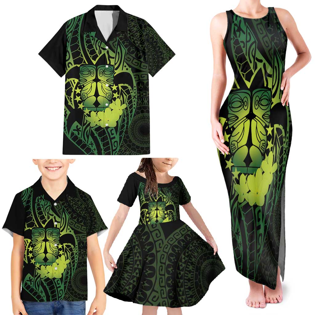 Kia Orana Kuki Airani Family Matching Tank Maxi Dress and Hawaiian Shirt Cook Islands Tangaroa God Tatau Green LT14 - Polynesian Pride