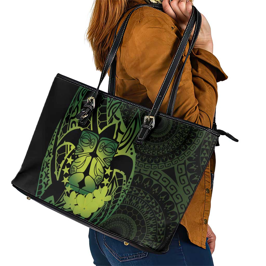 Kia Orana Kuki Airani Leather Tote Bag Cook Islands Tangaroa God Tatau Green