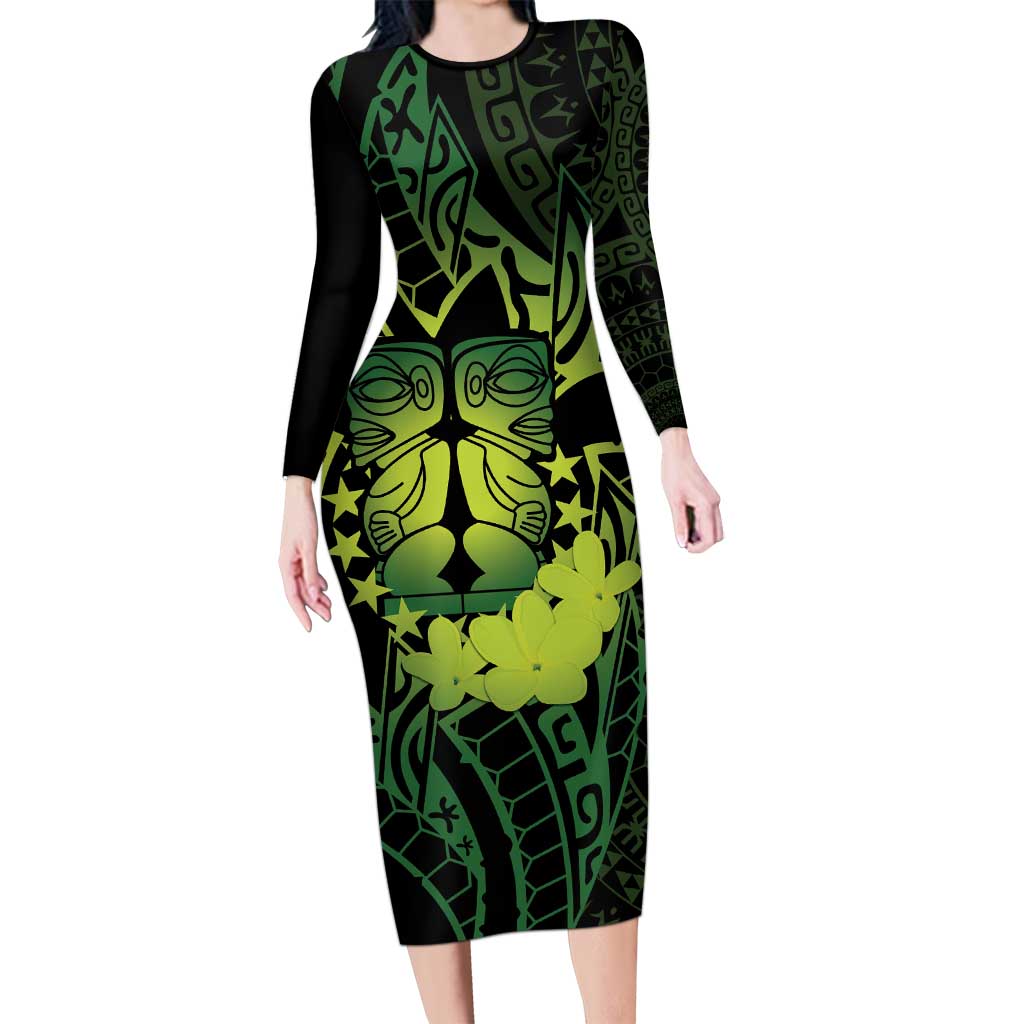 Kia Orana Kuki Airani Long Sleeve Bodycon Dress Cook Islands Tangaroa God Tatau Green